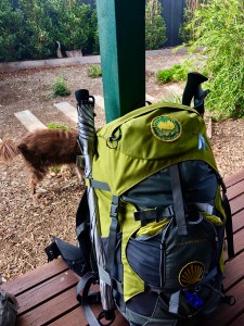 Photo of my backpack...sorry about my little Rusty cocking his leg in the background!